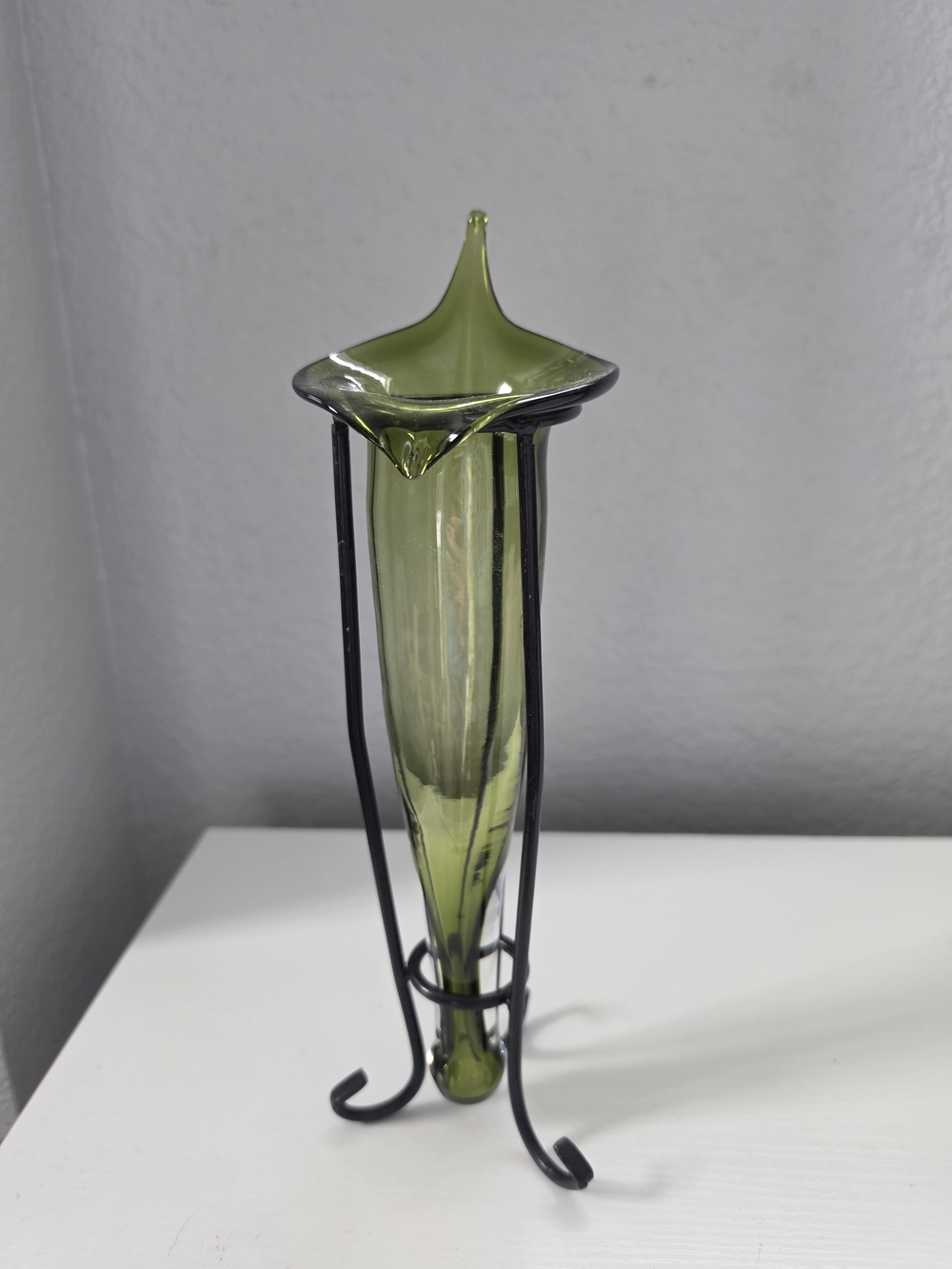 Olive Green Handblown Glass Bud Vase with Black Metal Stand